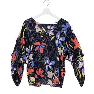 Halogen Shirt Women's 1 petite Black Floral V-Neck Long Sleeve Ruffle Blouse